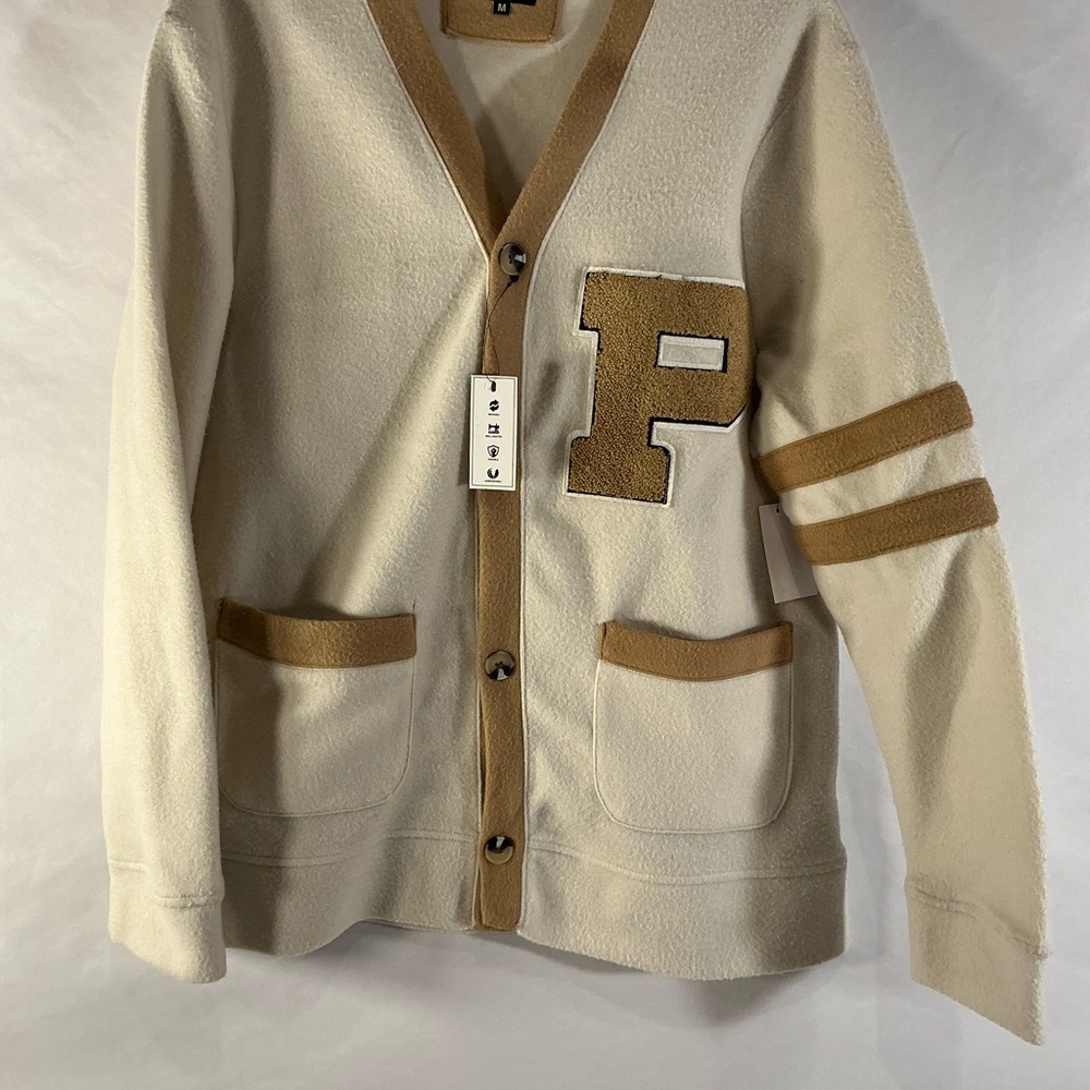 Cream & Camel Letterman Cardigan with 'P' Patch